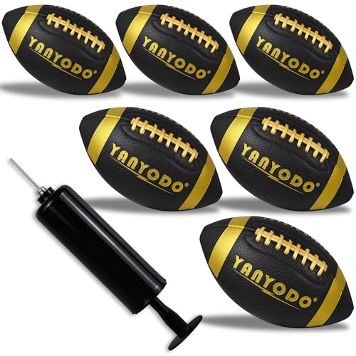 6 Pack Football Size 6/9 Official Sized Ball with Textured Grip for Youth High School&College Practice, Match and Scrimmage Play Indoors & Outdoors All Weather Use with Pump - color: Black+Gold, size: Size 6