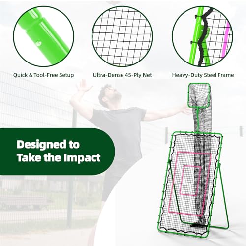 Volleyball Rebounder Net 7x4 FT, Adjustable Volleyball Training Equipment for Backyard Outdoor Solo Practice, Heavy-Duty 45-Layer Net with Ground Stakes & Target Belt