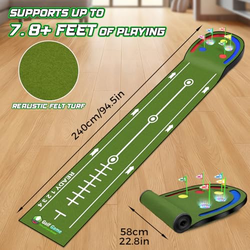 TERRAMUS Upgraded Golf Putting Mat for Kids, 7.8 Ft Putting Green with LED Light up Holes, Glowing Balls, 2 Clubs, Toy Golf Game Set, Golfing Mats Indoor Outdoor, Sport Golf Gift for Kids Teens Family