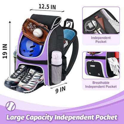 Youth Baseball Bag - Baseball Backpack Bat & Glove Holder, T-Ball & Softball Equipment & Gear,Large Main Compartment for Helmet & accessories, Fence Hook，Insulation Pocket - color: purple