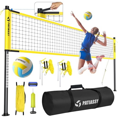 Outdoor Volleyball Net System, 32FT Regulation Size Anti-Sag Net, Quick Setup Adjustable Height Poles, Volleyball Set with Pump, Hammer, Boundary Line and Carry Bag for Backyard Beach Lawn - color: A-Yellow