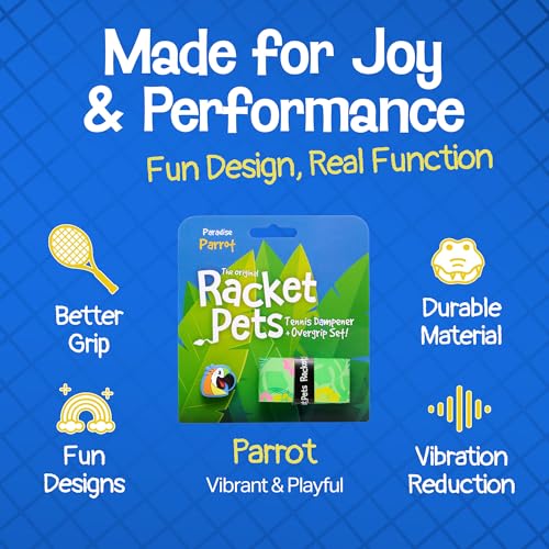 Racket Pets Kids Tennis Racket Dampener & Matching Overgrip Tape, Performance Shock Absorbing Dampener for Tennis Racket & Fun Animal Print Tennis Wrap Grip Tape - style: Parrot