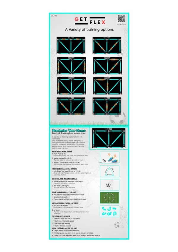 Soccer Training Mat with Video Guide, Kick Trainer & Ball Controller, Soccer Footwork Training Mat for Dribbling, Agility & Coordination, Non-Slip Indoor Outdoor Soccer Training Equipment for All Ages