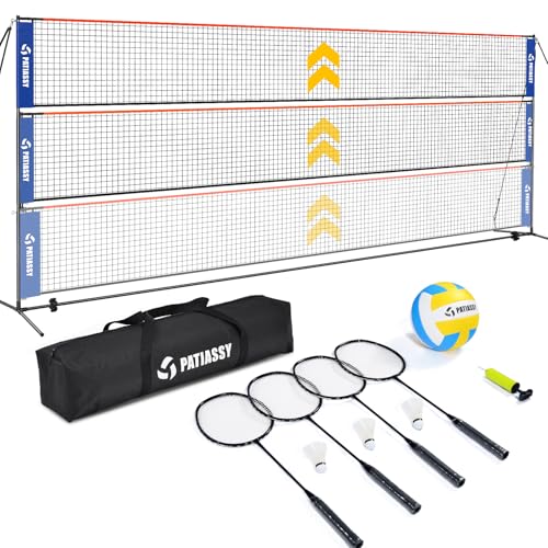 Volleyball Badminton Pickleball 3-in-1 Combo Net Set for Backyards, 5.1-7.4ft Adjustable Height Freestanding Indoor Sports Nets, Portable 17ft Outdoor Net with Carry Bag, Rackets and Balls - color: Blue
