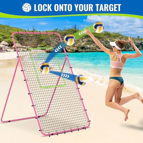 Volleyball Rebounder Net 7x4 FT, 5-Angle Adjustable Bounce Back Net, Steel Frame & PE Training Net for Volleying/Spiking, Rust-Resistant & Durable – w/Travel Bag, 2 NETS - color: Pink + Green