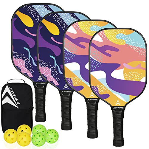Carbon Fiber Pickleball Paddles Set of 2, USAPA Approved T700 Raw Carbon Face, Lightweight 7.5oz Honeycomb Core Pickle Ball Rackets, High Spin, Includes 4 Balls & Portable Bag - color: Pink & Purple Set of 4