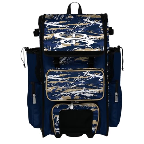 Boombah Rolling Superpack Baseball/Softball Gear Bag - Telescopic Handle - Holds 4 Bats - Wheeled Version - Razor Multiple Colors - color: Navy/Vegas Gold/White