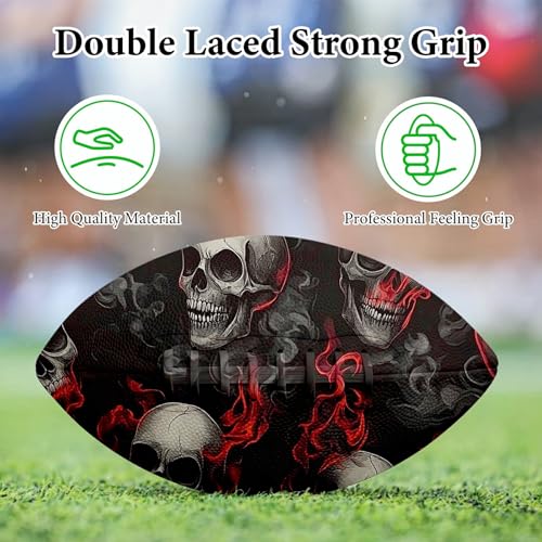 American Football, Official Size 11.9 x 7.3 Inch, Premium Composite Leather High-Grip Ball with Pro-Style Lacing, Unique Prints for Training, Games & Gifts - color: Dark Skull Fire