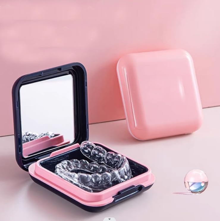 Retainer Case,Cute Mouthguard Case with Mirror,Slim Night Mouth Guard Case with Lid Hinge,Aligner Case,Inner Size 2.56, 2.36, 0.79inch - color: Pink