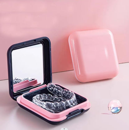 Retainer Case,Cute Mouthguard Case with Mirror,Slim Night Mouth Guard Case with Lid Hinge,Aligner Case,Inner Size 2.56, 2.36, 0.79inch - color: Pink