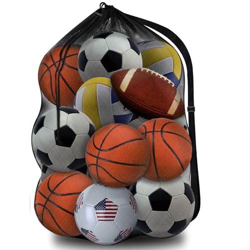 Heavy Duty Mesh Ball Bag, 30x40‘’ Large Sports Equipment Organizer for Soccer Basketball Volleyball, Breathable Gear Bag with Adjustable Strap for Coaches and Gym - color: Black-A