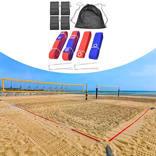 Beach Volleyball Court Boundary Lines Kit Portable with Metal Anchors 52.5 ft and 26.2 ft Line - color: Red and Blue