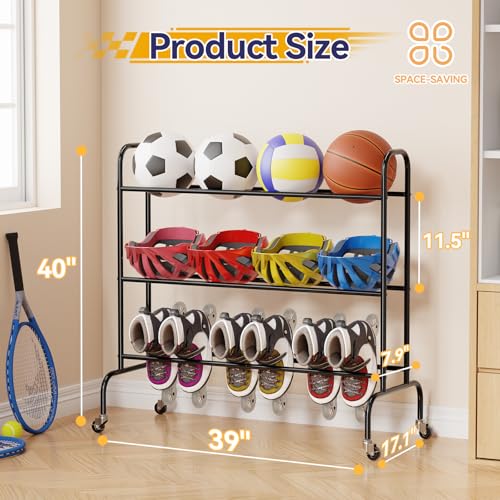 Basketball Rack 3 Tier, Rolling Sport Equipment Holder Ball Storage Cart for Basketball, Football and Soccer, Suitable for Indoor and Outdoor, Black