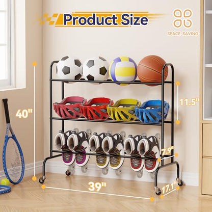 Basketball Rack 3 Tier, Rolling Sport Equipment Holder Ball Storage Cart for Basketball, Football and Soccer, Suitable for Indoor and Outdoor, Black