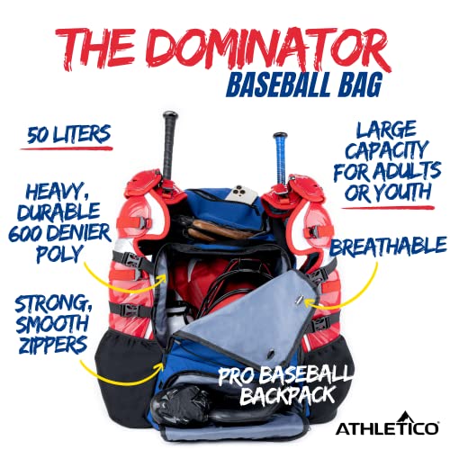Athletico Dominator Baseball Bag - Softball Bat Bag with Shoes Compartment for Youth, Boys and Adult, Lightweight Baseball Bag with Fence Hook Hold TBall Bat, Batting Mitten, Helmet, Caps, Teeball Gear - color: Blue