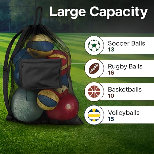 Handy Laundry Mesh Ball Bag - Up to 15 Balls Large Capacity Sports Equipment Bag Carrier with Adjustable Strap and Drawstring Closure - For Soccer, Basketball, Volleyball - size: 30 x 40