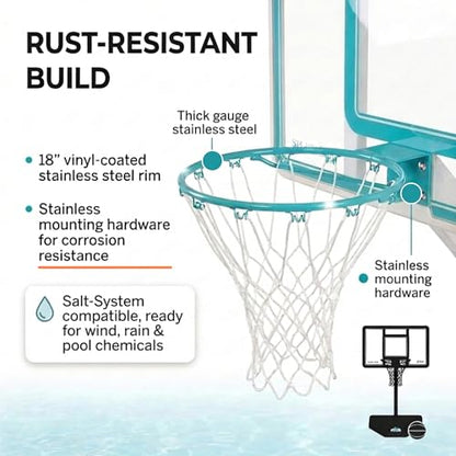 Dunn-Rite Splash & Shoot Pool Basketball Hoop, Adjustable Height Backboard – 200lbs Water-Filled Base, Stainless Steel Rim & Waterproof Basketball, Made in USA, Clear Aqua
