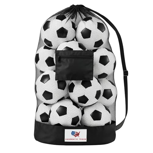 Heavy Duty Mesh Sports Equipment Bag, Large Capacity Ball Storage with Adjustable Shoulder Strap, Waterproof Pocket, Black