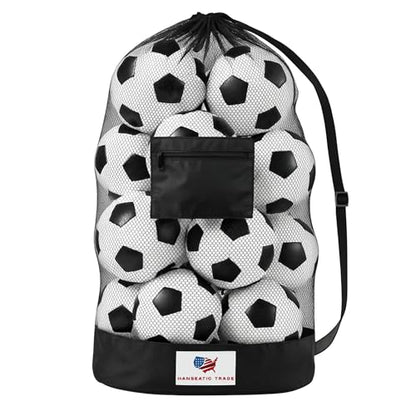 Heavy Duty Mesh Sports Equipment Bag, Large Capacity Ball Storage with Adjustable Shoulder Strap, Waterproof Pocket, Black