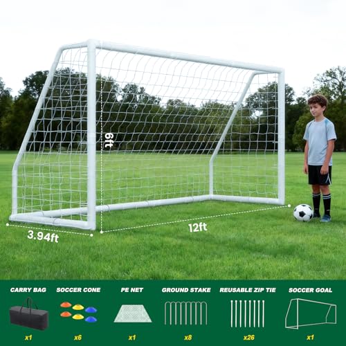NAIZEA Soccer Goal - 12x6/10x6/8x6/6x4FT Soccer Goals for Backyard, Portable & Weatherproof HPVC Soccers Goal w/Soccer Net Durable Post for Adults & Youth Outdoor's Practice Training - size: 12x6 FT, style: Non-foldable