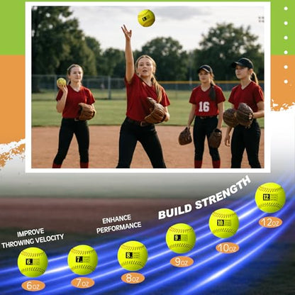 Lewtemi 6 Pack 12 Inch Weighted Training Softballs Bulk, 6-12 oz Weighted Training Balls for Pitching and Hitting, Improve Velocity Arm Strength Softball Practice Equipment with Drawstring Bag