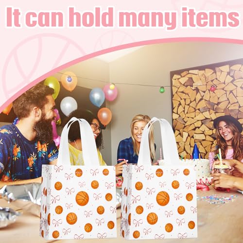 Sweetude 24 Pcs Basketball Gift Bags Bulk with Handle Pink Bow Tote Non Woven Sport Party Favor Gift Bag 7.9 x 7.9 Inch Party Favor Treat Candy Bag Supply for Birthday Team Snack (Basketball Classic)