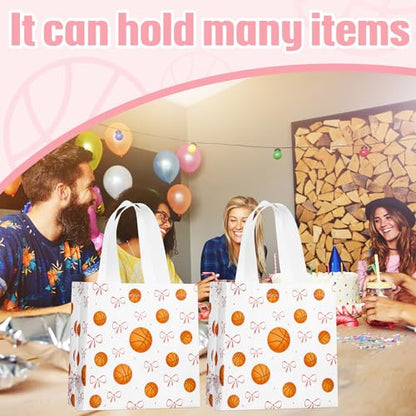 Sweetude 24 Pcs Basketball Gift Bags Bulk with Handle Pink Bow Tote Non Woven Sport Party Favor Gift Bag 7.9 x 7.9 Inch Party Favor Treat Candy Bag Supply for Birthday Team Snack (Basketball Classic)