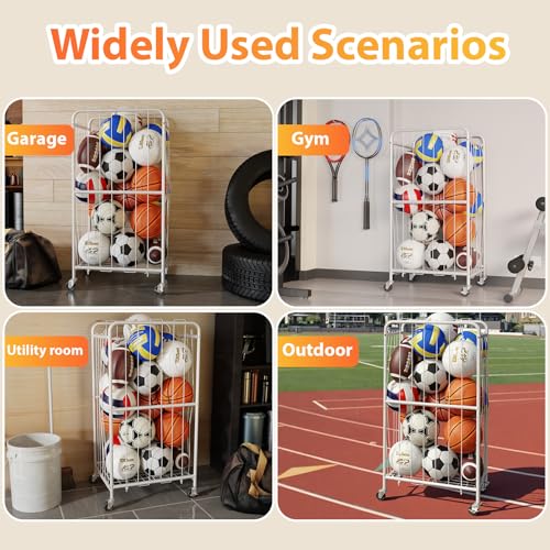 Olldide 250L 43-Inch Large Ball Storage Basket with Wheels, Rolling Cart Sports Equipment Garage Organizer with Elastic Rope for Easy Access, Holder For Basketball, Soccer, Volleyball, Football