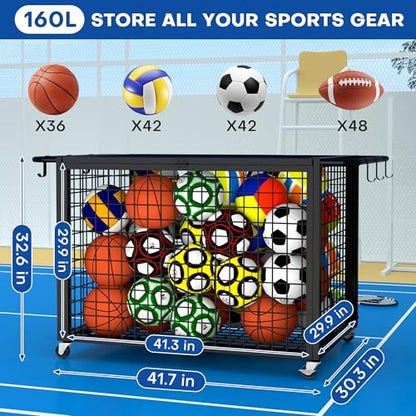 Boshen 41.7" Extra Large Ball Cart Storage Rolling with Lockable Wheels Lid & Removable Handle, XXL Sports Equipment Basketball Storage Holds Up to 36 Balls for School, Club, Gym, Garage