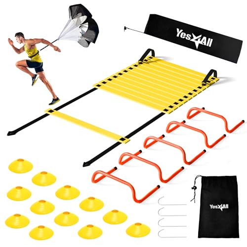 Yes4All Agility Ladder Speed Training Equipment Set - 1 Adjustable Agility Ladder, 12 Soccer Cones, 5 Hurdles, Jump Rope, Running Parachute - Speed & Agility Training Equipment for All Ages - color: A. Set Yellow