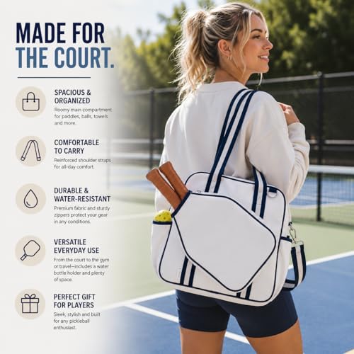 Pickleball Tote Bag with Paddle Pocket & Adjustable Strap, Spacious Pickleball Bag with Multiple Compartments for Paddles, Balls, Shoes & Accessories