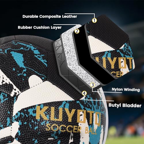 KUYOTQ Soccer Ball, Machine Stitched PU/TPU Leather Soccer Ball Match & Training for Kids Youth Adult, Professional Construction for Durable in and Outdoor Use with Superior Touch