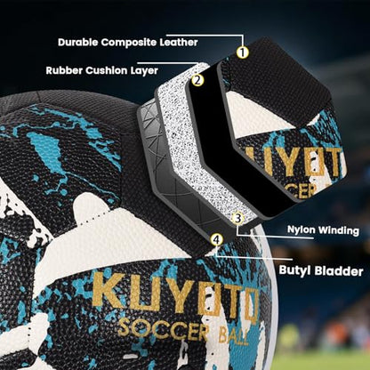 KUYOTQ Soccer Ball, Machine Stitched PU/TPU Leather Soccer Ball Match & Training for Kids Youth Adult, Professional Construction for Durable in and Outdoor Use with Superior Touch