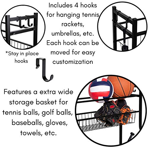 BIRDROCK HOME Sports Equipment Ball Organizer 43"H for Garage -Storage Rack - Baseball, Tennis, Football, Gym Gear - Wide Bin Basket - 4 Hooks - Kids Toy Holder - Hockey Stick Cage | Indoor - Outdoor