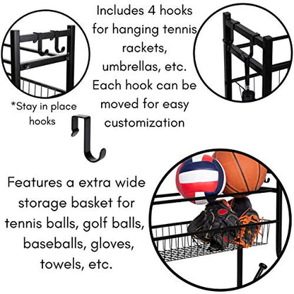 BIRDROCK HOME Sports Equipment Ball Organizer 43"H for Garage -Storage Rack - Baseball, Tennis, Football, Gym Gear - Wide Bin Basket - 4 Hooks - Kids Toy Holder - Hockey Stick Cage | Indoor - Outdoor