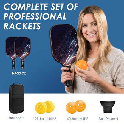 Pickle Ball Set Pickleball Paddles Set of 2 Carbon Fiber Pickleball Paddle Includes 4 Balls, 2 Ball Pickers, 1 Ball Bag Best Gifts for Junior and Professional Pickleball Equipment - color: Silver