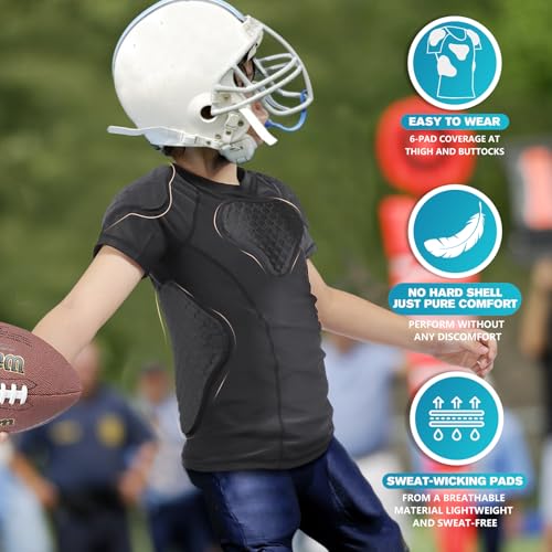 TUOY Youth Boys Padded Protective Shirts Paddded Compression Shirts for Football Paintball Baseball - color: Black, size: Large