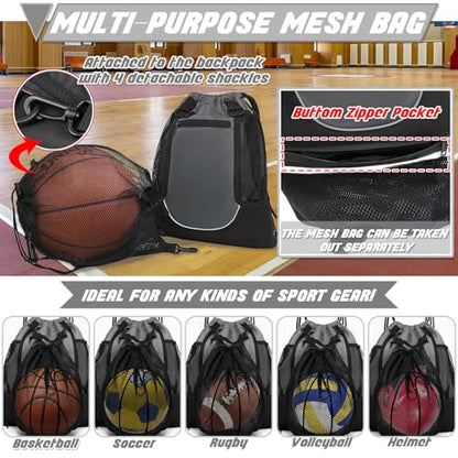 STAY GENT Drawstring Basketball Backpack for Boys, Foldable Soccer Backpack Gym Bag Sackpack Sports Sack with Detachable Ball Mesh Bag for Volleyball Baseball Yoga - color: Grey