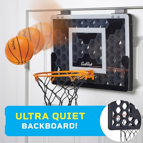 EastPoint Over-the-Door Indoor Basketball Hoop Set - Black, 18 x 12 in Backboard - Quiet Foam Ball for Indoor Basketball Game - Easy No-Drill Setup with Compact Mini Hoop for Rooms