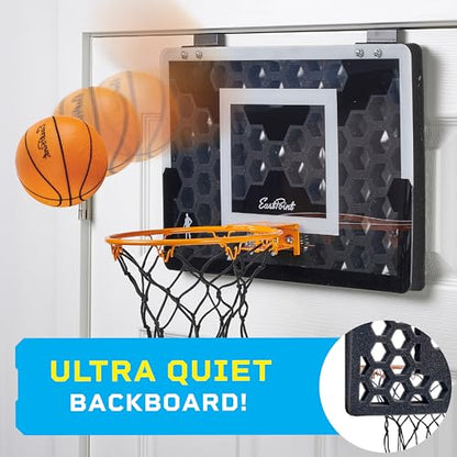 EastPoint Over-the-Door Indoor Basketball Hoop Set - Black, 18 x 12 in Backboard - Quiet Foam Ball for Indoor Basketball Game - Easy No-Drill Setup with Compact Mini Hoop for Rooms