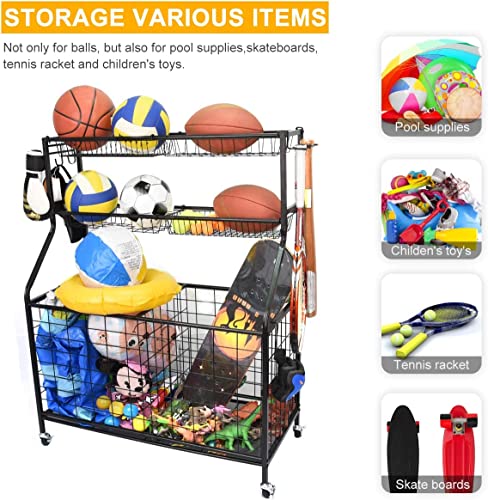 Sports Equipment Organizer Ball Storage Organizer Utility Racks with Wheels Baskets Hooks Standing Shelf Units Carts Garage Wagon Racks for Basketball Football Soccer Volleyball Baseball Bat Holder