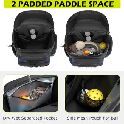 HAMBOLY Pickleball Bag for Men & Women, Large Pickleball Backpack with Shoes Compartment and Cooler, Fence Hook Design - color: Dark Grey + Blue