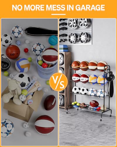 EXTCCT Basketball Rack, Rolling Basketball Shooting Training Stand,Sports Equipment Storage with Wheels, Four-Layer Organizer Holder with Two Basket for Basketballs Footballs Volleyball