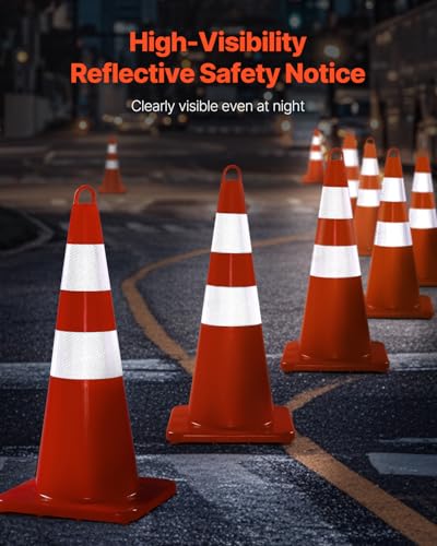VEVOR Safety Cones, 10PCS 28" Traffic Cones, PVC Orange Construction Cones, 2 Reflective Collars Traffic Cones with Weighted Base and Hand-Held Ring Used for Traffic Control, Driveway Road Parking