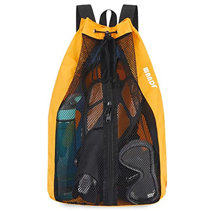WANDF Swim Bag Mesh Drawstring Backpack Beach Backpack for Swimming, Gym, and Workout Gear - color: Orange With Wet Pocket