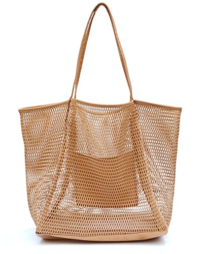 HOXIS Mesh Beach Tote Womens Shoulder Handbag - color: Tan