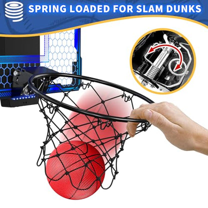 HYES Basketball Hoop Indoor, Mini Basket Ball Hoop with 7 LED Lighting, Scoreboard, Over Door Basketball Hoop with 3 Modes, Volume Adjustable, Foldable, Basketball Toys Gifts for Kids Adults - size: blue- without remote controller