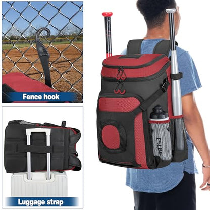 Smasrob Baseball Bag for Adult and Youth, Baseball Backpack Softball Bag with Helmet Holder, Shoe Compartment and Fence Hook - color: Red