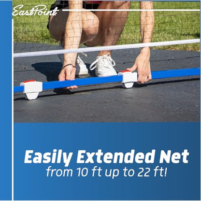 EastPoint Adjustable Pickleball Net - White & Blue, Metal - Fully Pre-Assembled & Portable Pickleball Net - Adjustable 10-22 ft Driveway Mesh for Play Court - Space-Saving Folding Design