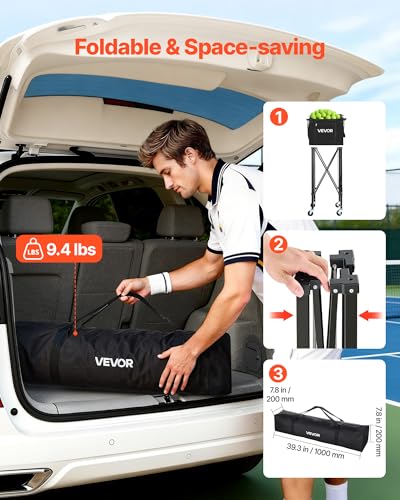 VEVOR Tennis & Pickleball Hopper Holds 200/175/150/120 Balls, 3-in-1 Tennis Foldable Pickleball Basket Cart for Easy Installation, Storage Bag for Tennis Training & Teaching - style: 120 Balls